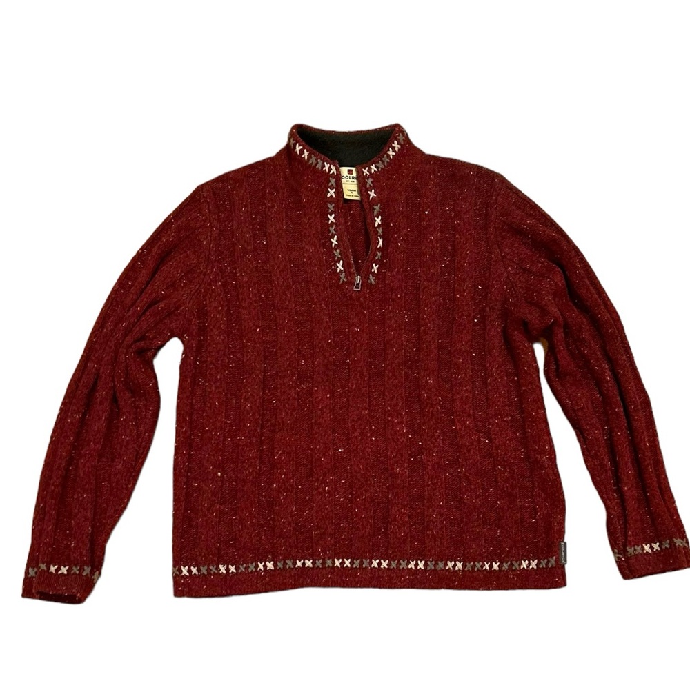 Woolrich women’s M ruby heather 1/4 zip sweater with wool embroidered accents.